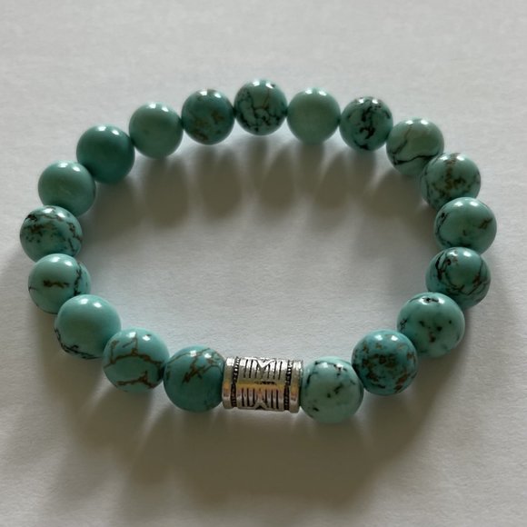 10mm Blue Turquoise with Sterling Silver Accent Beaded Stretch Bracelet - Picture 1 of 7